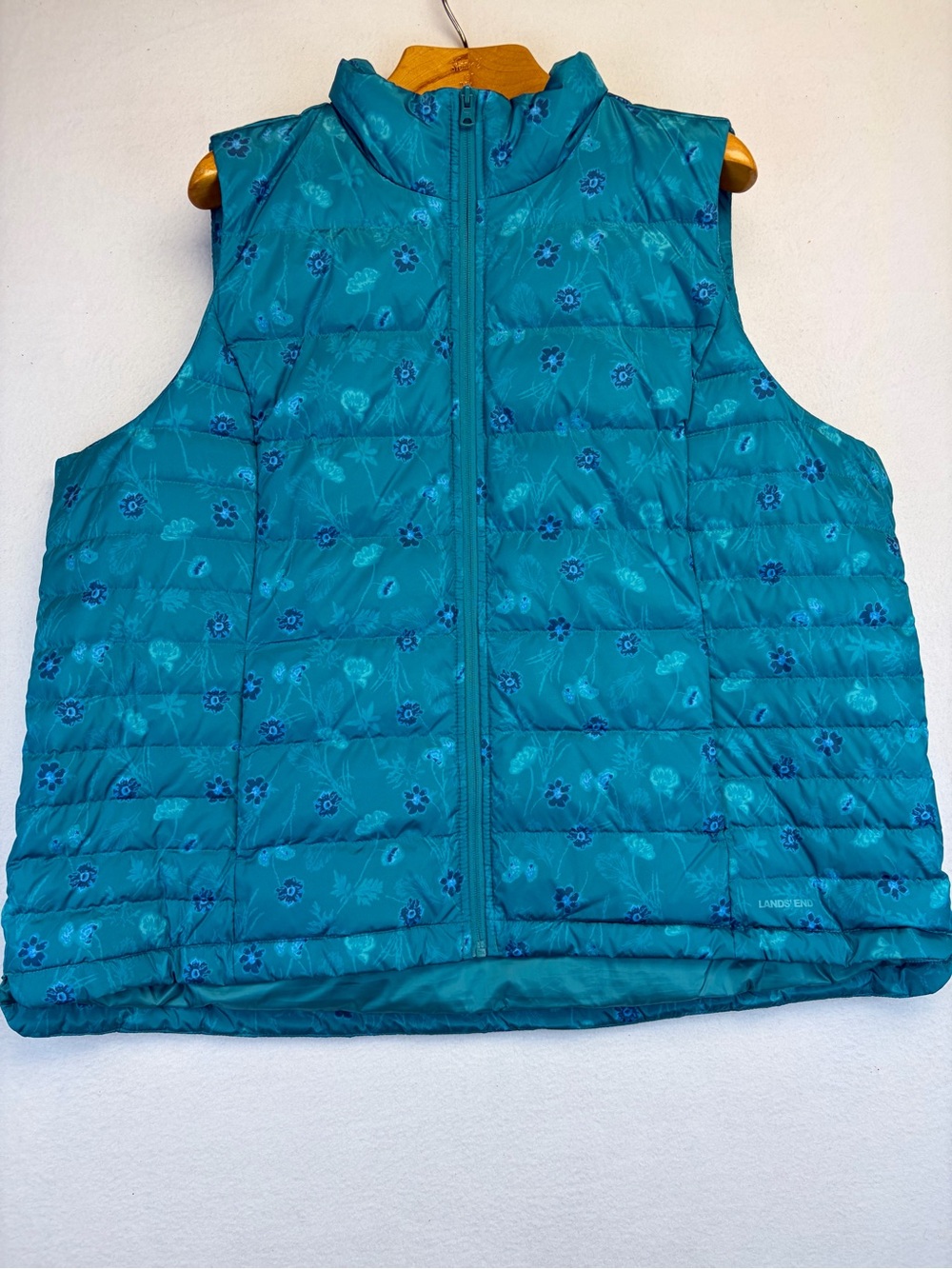 Lands' End Womens Puffer Down Vest Spade Blue Hand Dye Floral Plus Size 2X Down